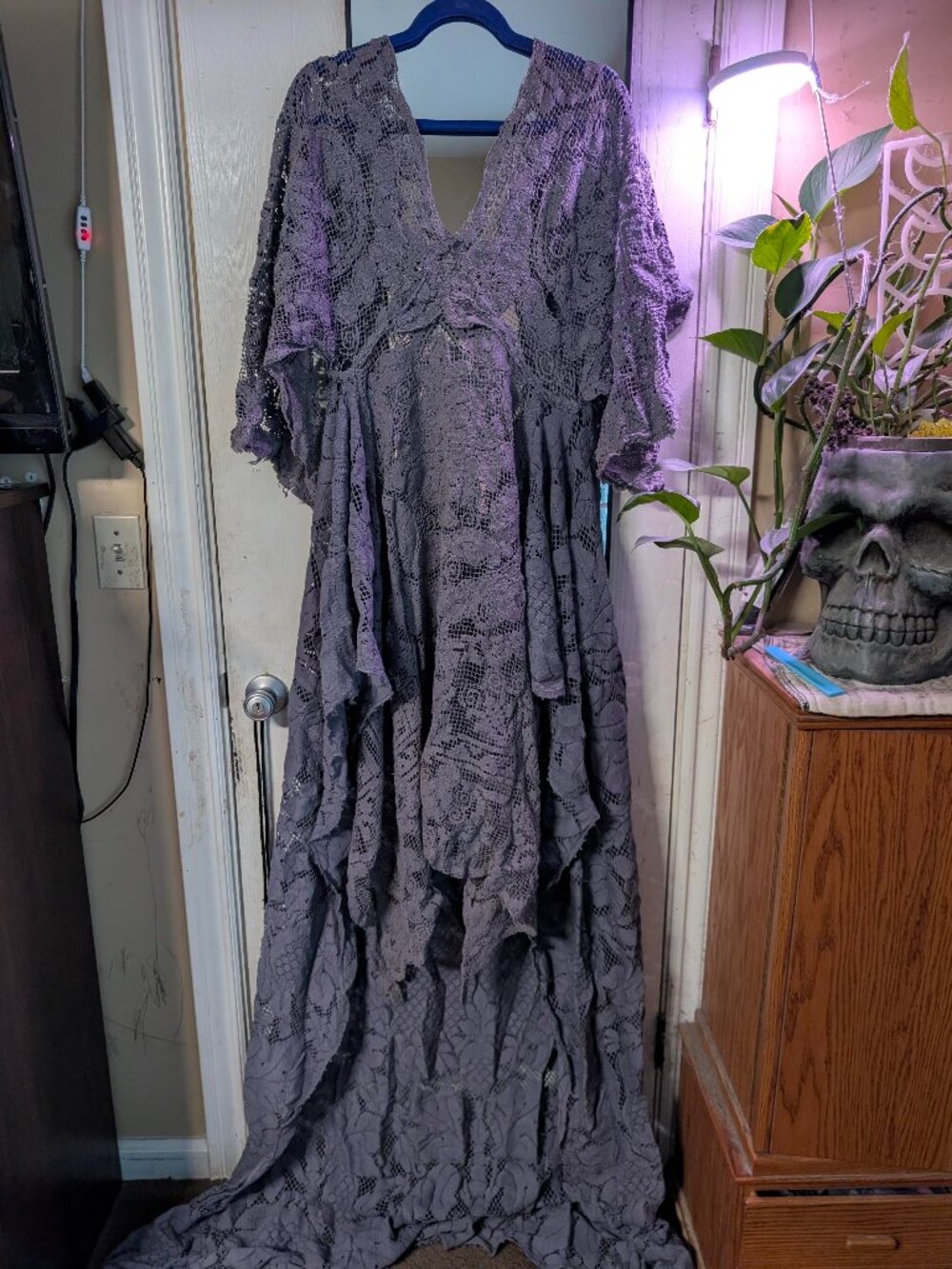 Gray Boho Lace Client Closet Gown-- Open back with Cape Sleeves & Long Train